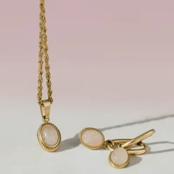 Blush Quartz Oval Hoop Set Baby Gold