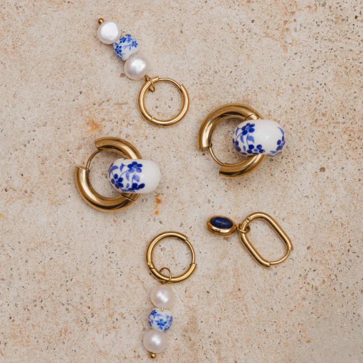 Flower Tile Pearl Hoop Set Small Gold