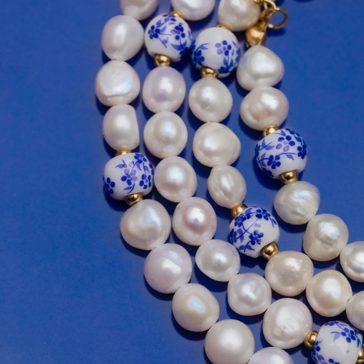 Flower Tile Pearl Necklace Roségold