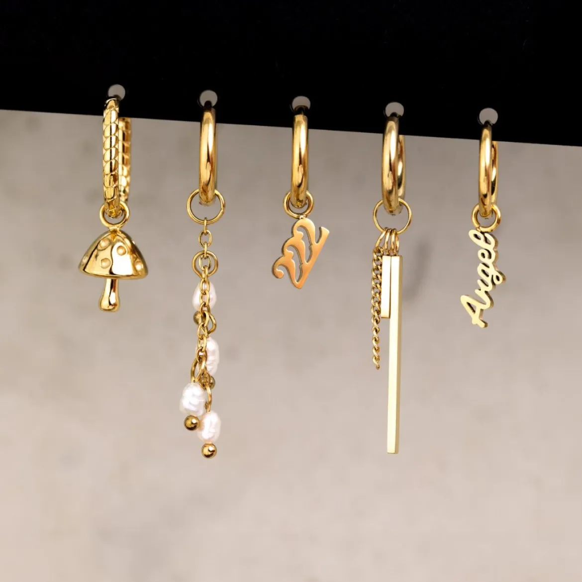 Pearl Chain Hoop Set Small Gold