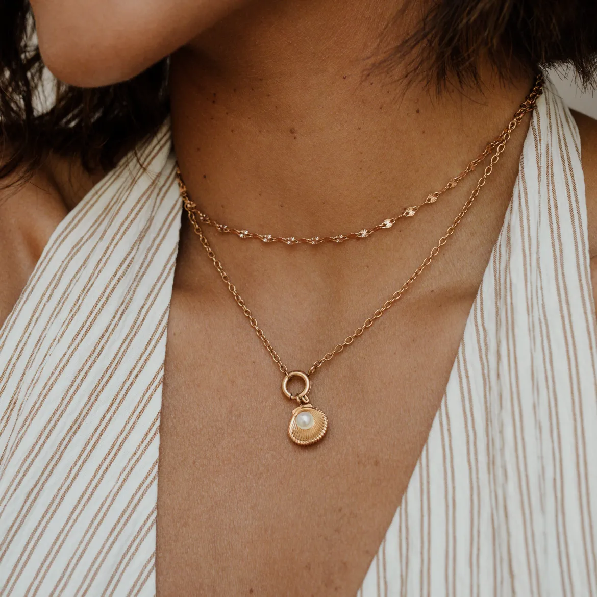 Pearly Shell Classic Chain Necklace Set Roségold