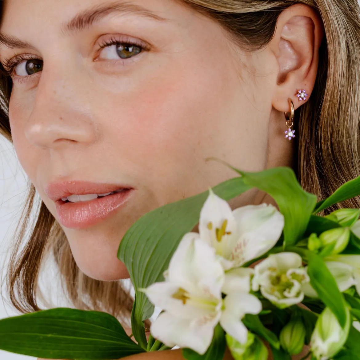 Purple Petal Hoop Set Small Roségold